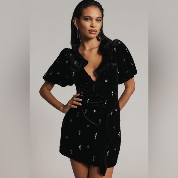 NWT! Anthropologie Maeve Short-Sleeve V-Neck Embellished Mini Dress - Size 0 ☁️ - Picture 1 of 10